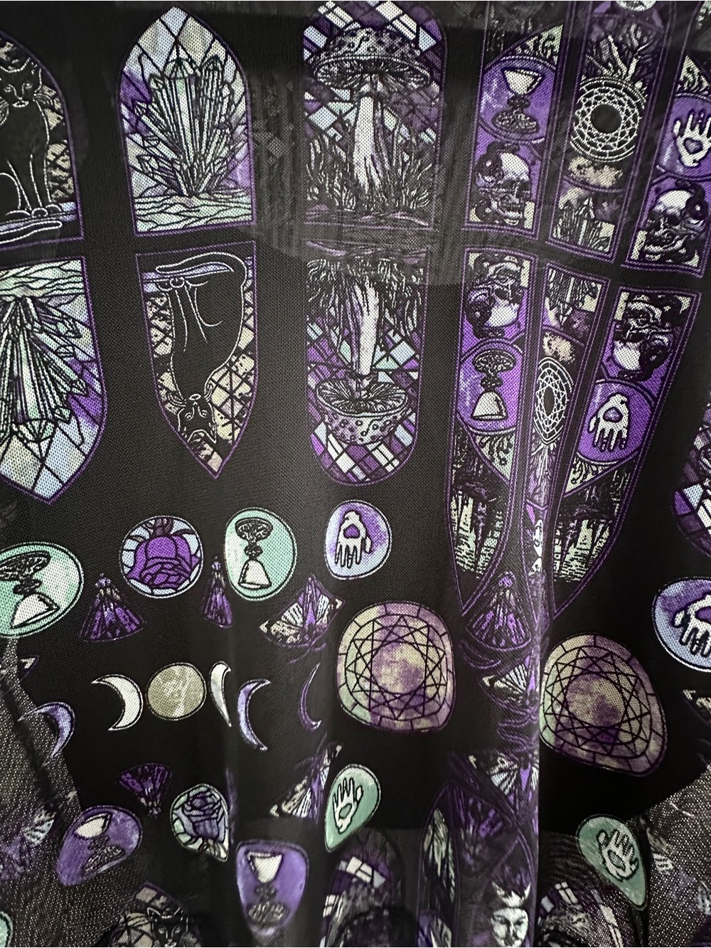 Hot Topic Black Sheer Mesh Long-Sleeve Top with Purple & Mint Mystical Print - Picture 6 of 6